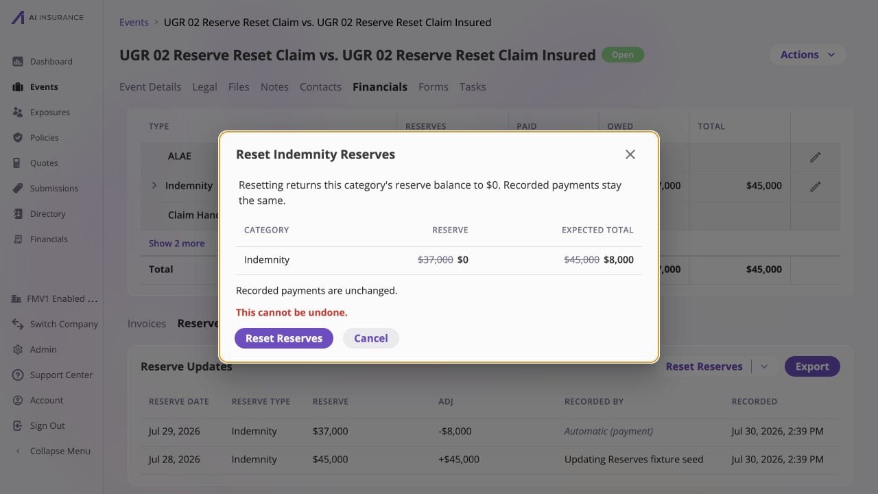 Reset Indemnity Reserves confirmation showing Indemnity's struck-through $37,000 Reserve and $45,000 Expected Total, resulting $0 Reserve and $8,000 Expected Total, recorded payments unchanged, an irreversible warning, and an enabled Reset Reserves button.