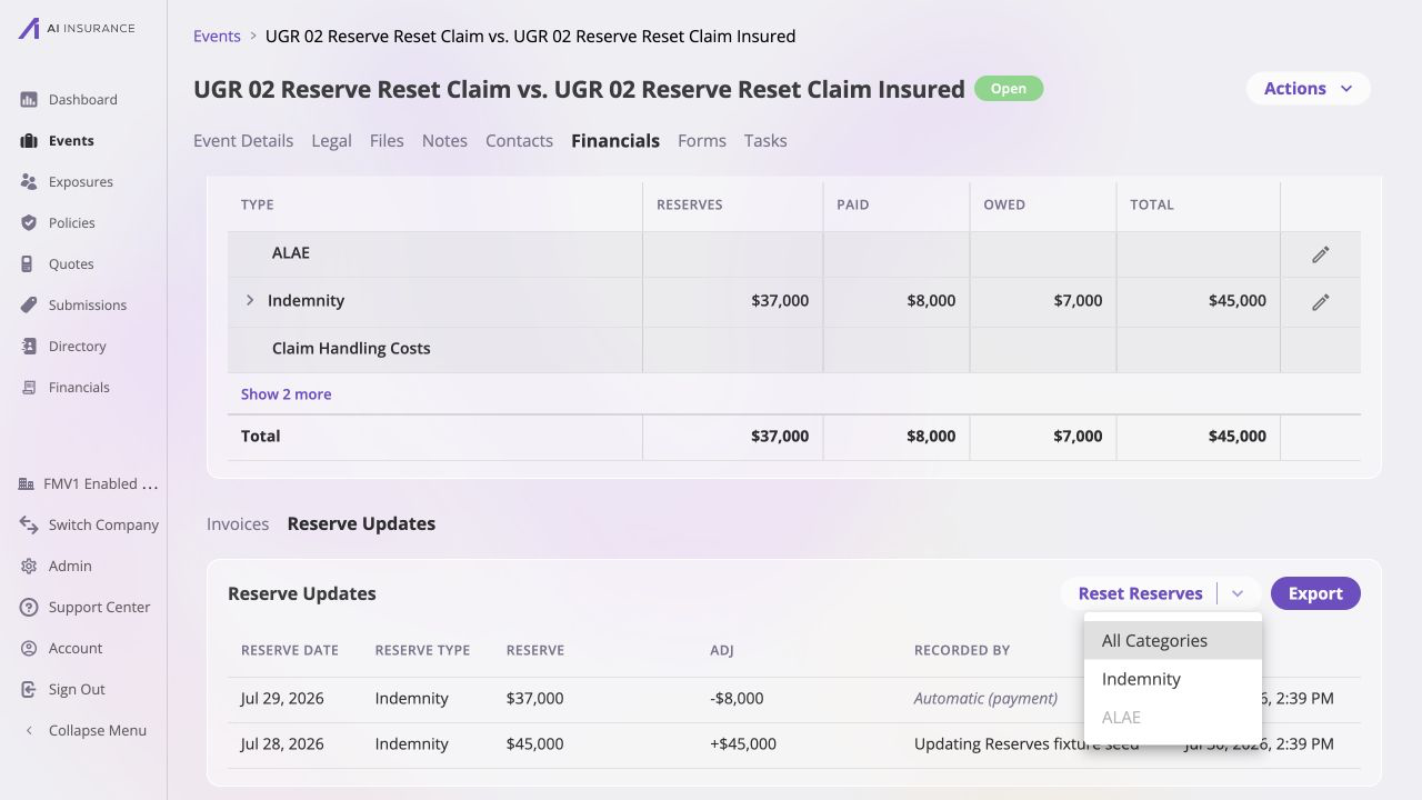 Reserve Updates for UGR 02 Reserve Reset Claim before reset, with the Reset Reserves menu open: All Categories and Indemnity are enabled, ALAE is disabled, and two existing Indemnity reserve-update rows show $37,000 and $45,000 reserves.
