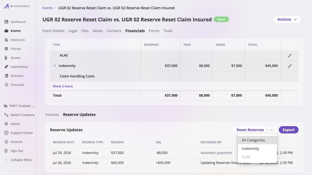 Reserve Updates for UGR 02 Reserve Reset Claim before reset, with the Reset Reserves menu open: All Categories and Indemnity are enabled, ALAE is disabled, and two existing Indemnity reserve-update rows show $37,000 and $45,000 reserves.