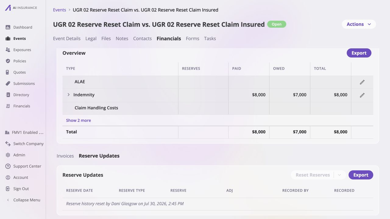 Reset result for UGR 02 Reserve Reset Claim: the Overview row for Indemnity has a blank Reserves cell representing zero, Paid $8,000, and Total $8,000; Reserve Updates shows only the italic marker 'Reserve history reset by Dani Glasgow on Jul 30, 2026, 2:45 PM.'
