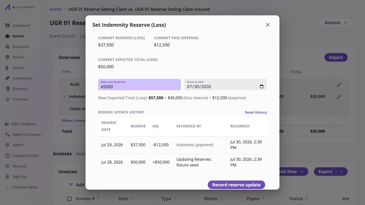 Completed Set Indemnity Reserve (Loss) dialog with Current Reserves of $37,500, Current Paid of $12,500, New Loss Reserves entered as $45,000, reserve date 07/30/2026, a $57,500 expected-total equation, prior reserve history, and an enabled Record reserve update button.