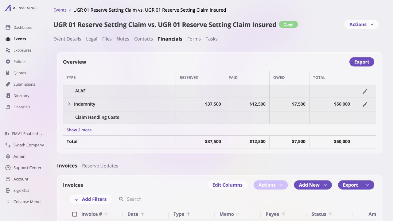 Financials Overview for UGR 01 Reserve Setting Claim showing the Indemnity row with $37,500 in Reserves, $12,500 Paid, a $50,000 Total, and the reserve edit control.