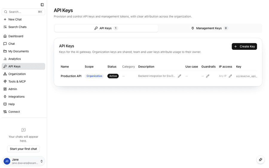 The API Keys page with one active organization key and the Create Key button.