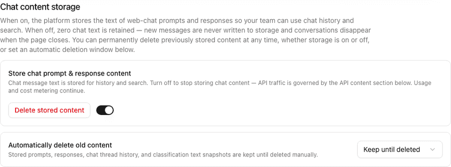 The Chat content storage card: the Store chat prompt & response content switch with the Delete stored content button, and the Automatically delete old content selector set to Keep until deleted.