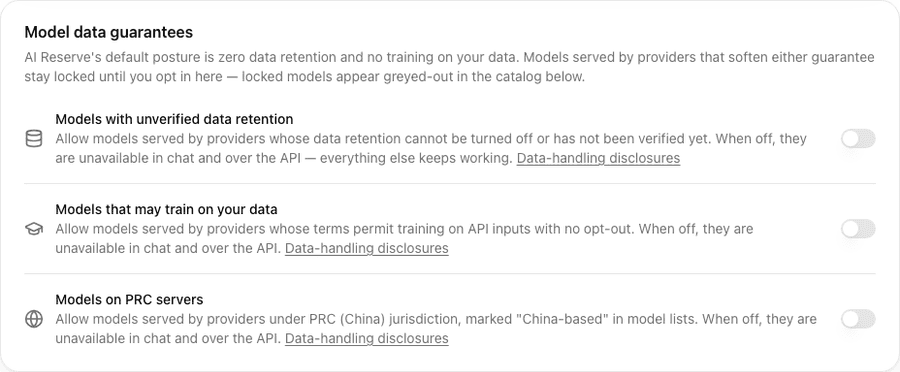 The Model data guarantees card with its three switches: Models with unverified data retention, Models that may train on your data, and Models on PRC servers — all off.