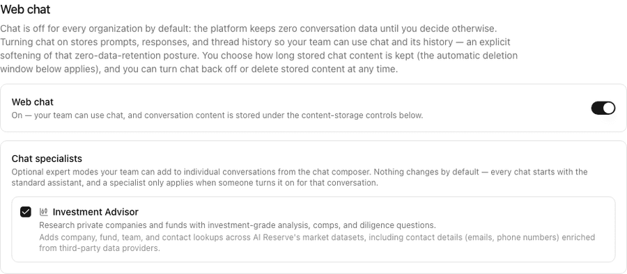 The Web chat section of the Privacy page: the Web chat switch on, and the Chat specialists card with Investment Advisor checked.
