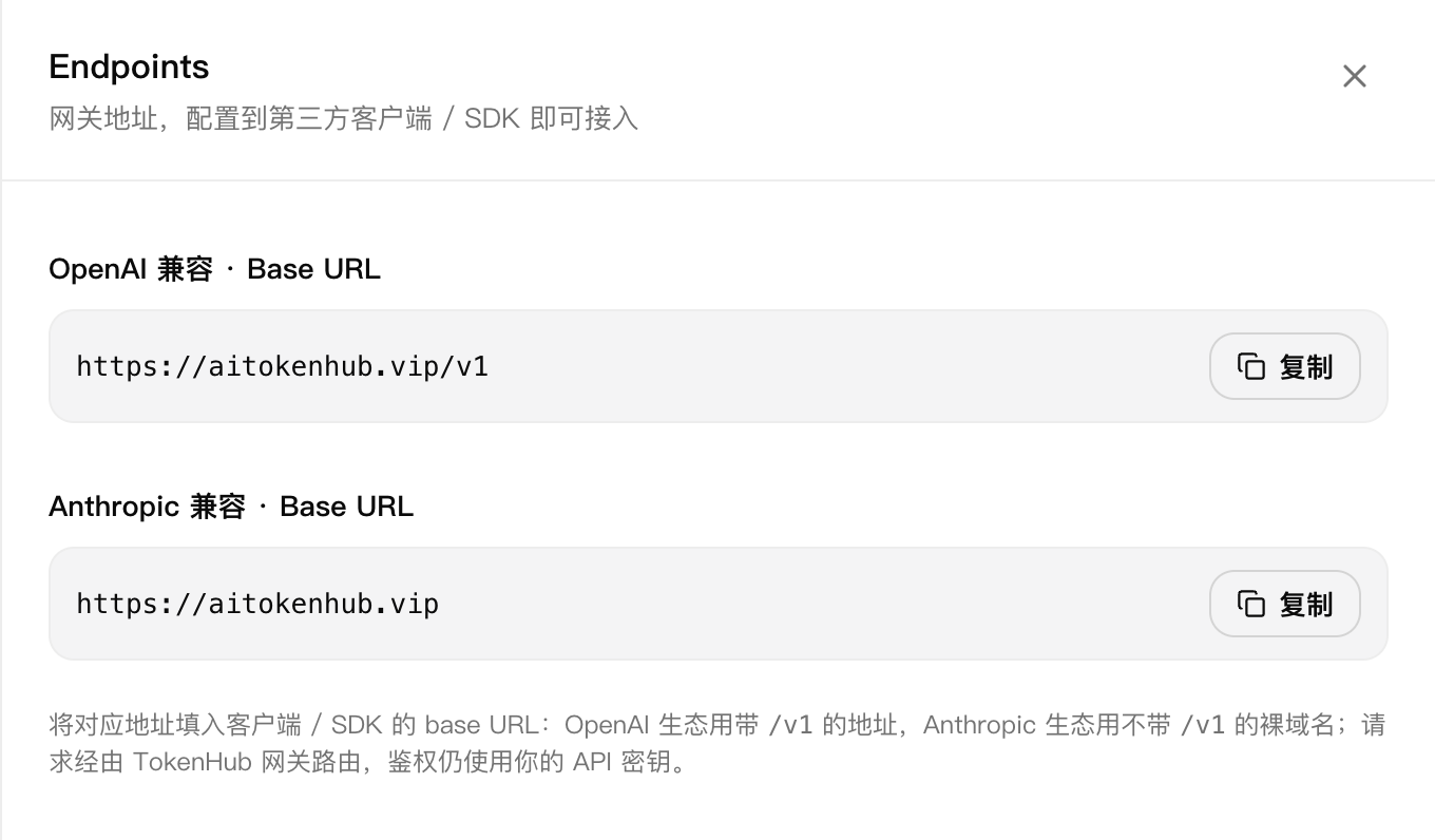 Endpoints 面板，显示 OpenAI 兼容和 Anthropic 兼容两个 Base URL