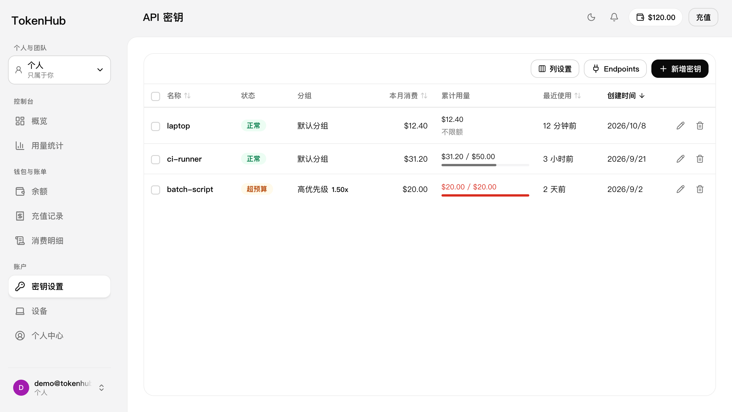密钥设置页面，右上角有「新增密钥」按钮