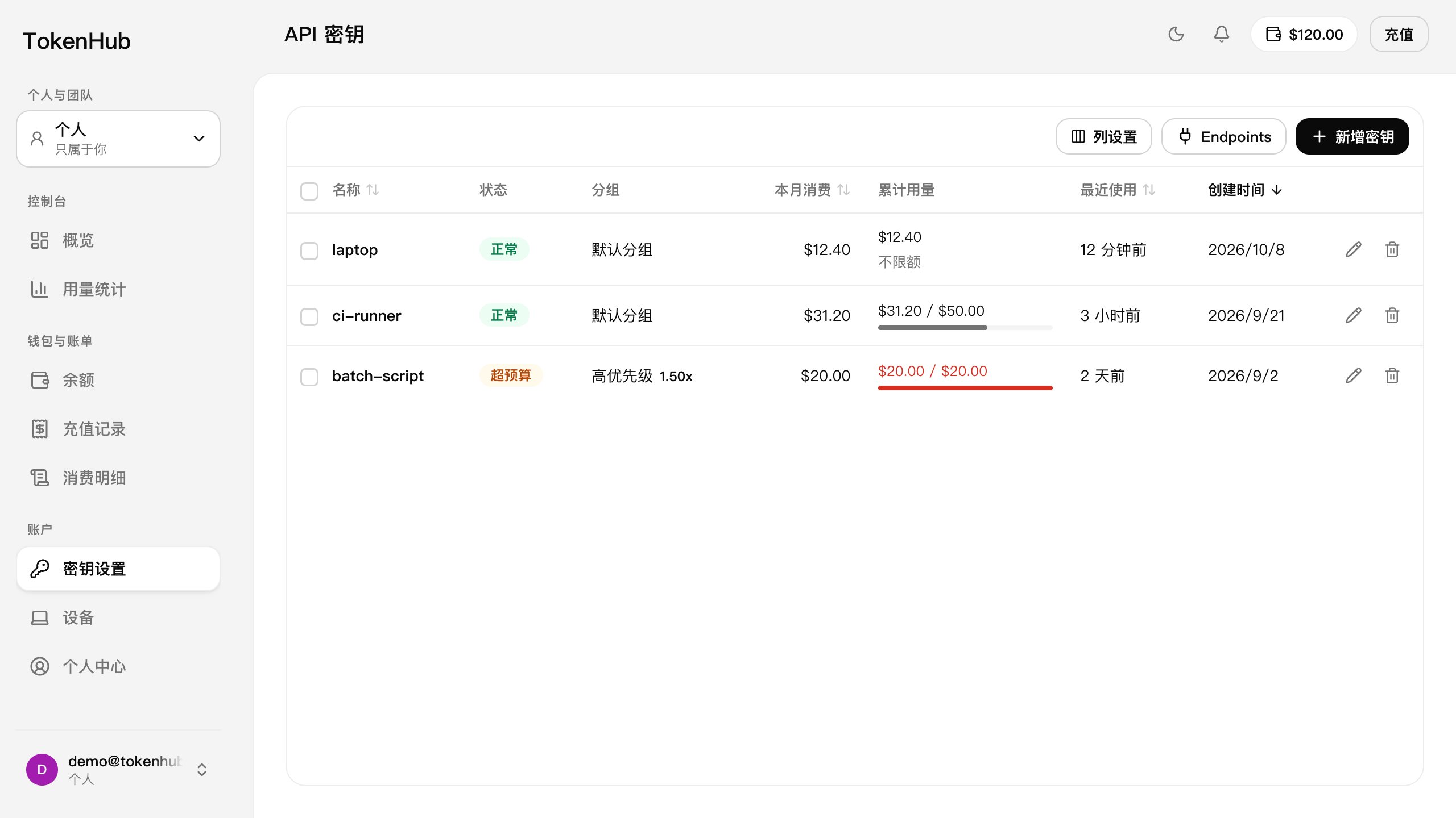 密钥设置页面,右上角有「新增密钥」按钮