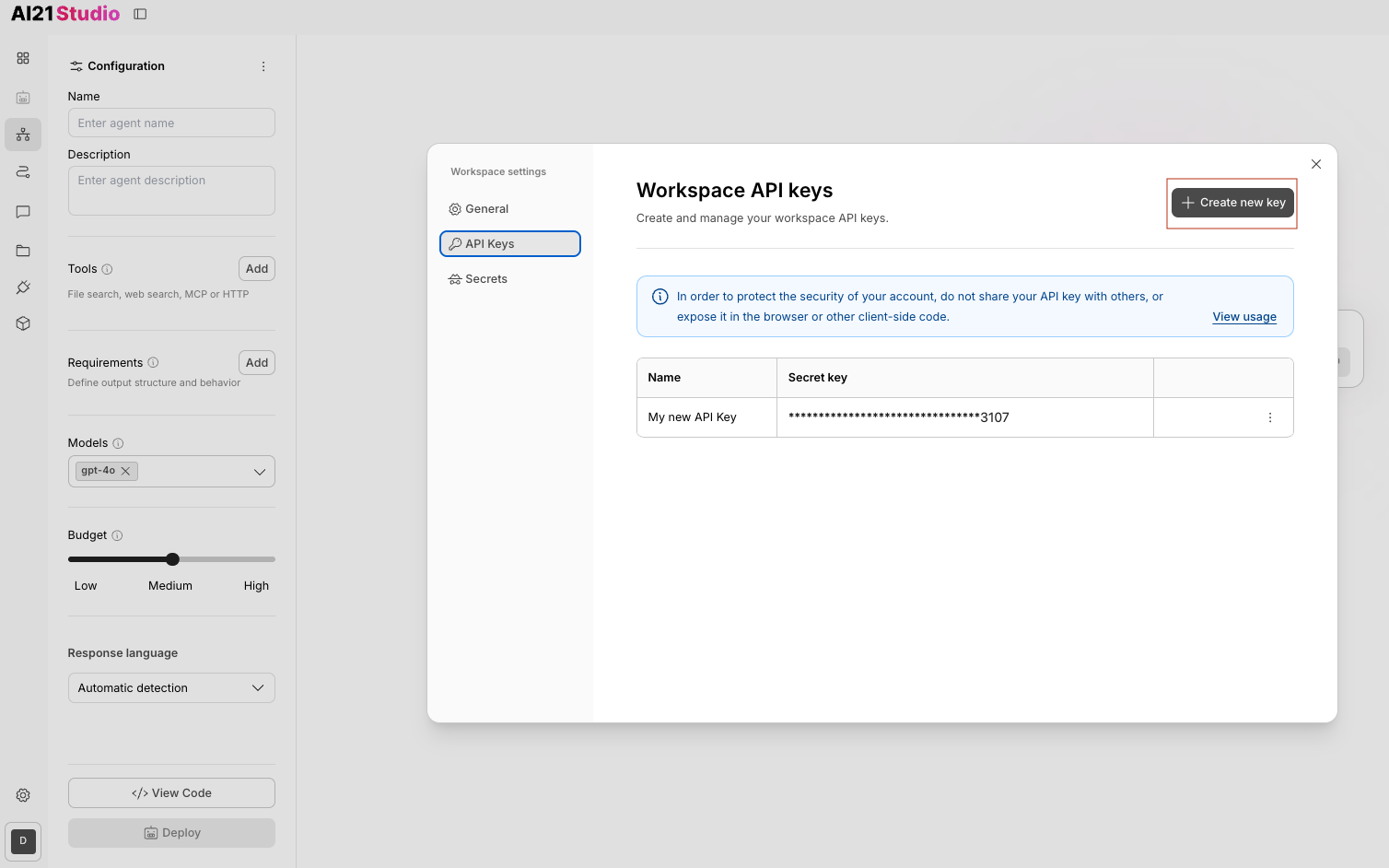 Create an API key - AI21 Labs