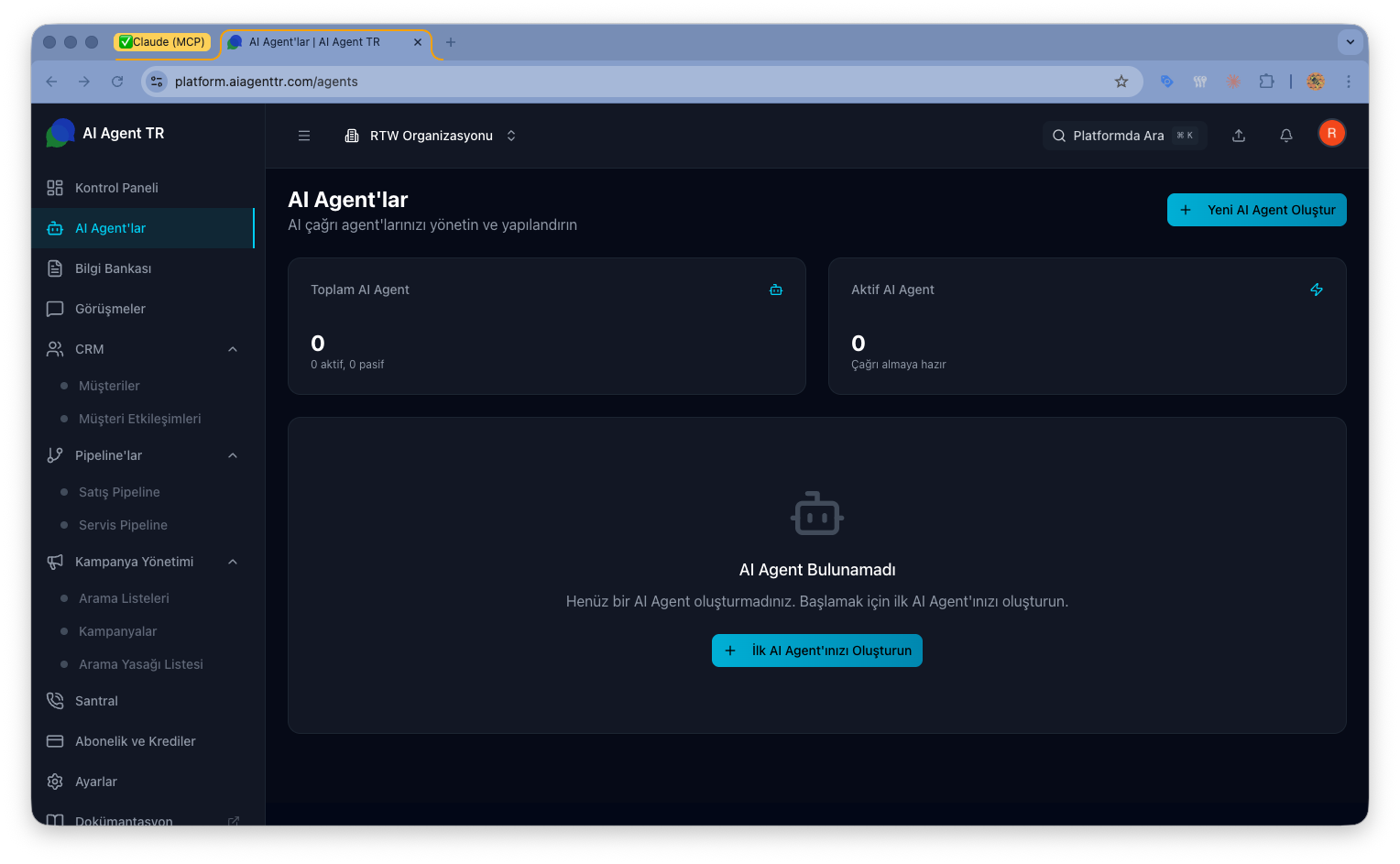 AI Agent listesi — oluşturulan agent'ların ad, tip ve durum bilgileri