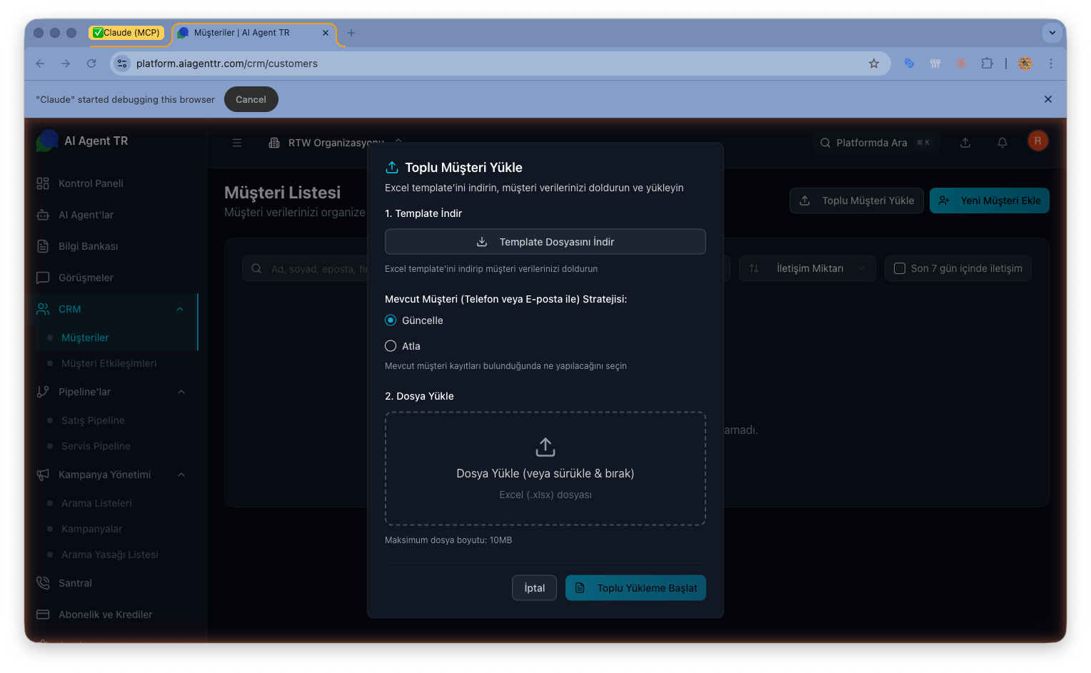 Toplu müşteri içe aktarma — dosya yükleme ve önizleme ekranı