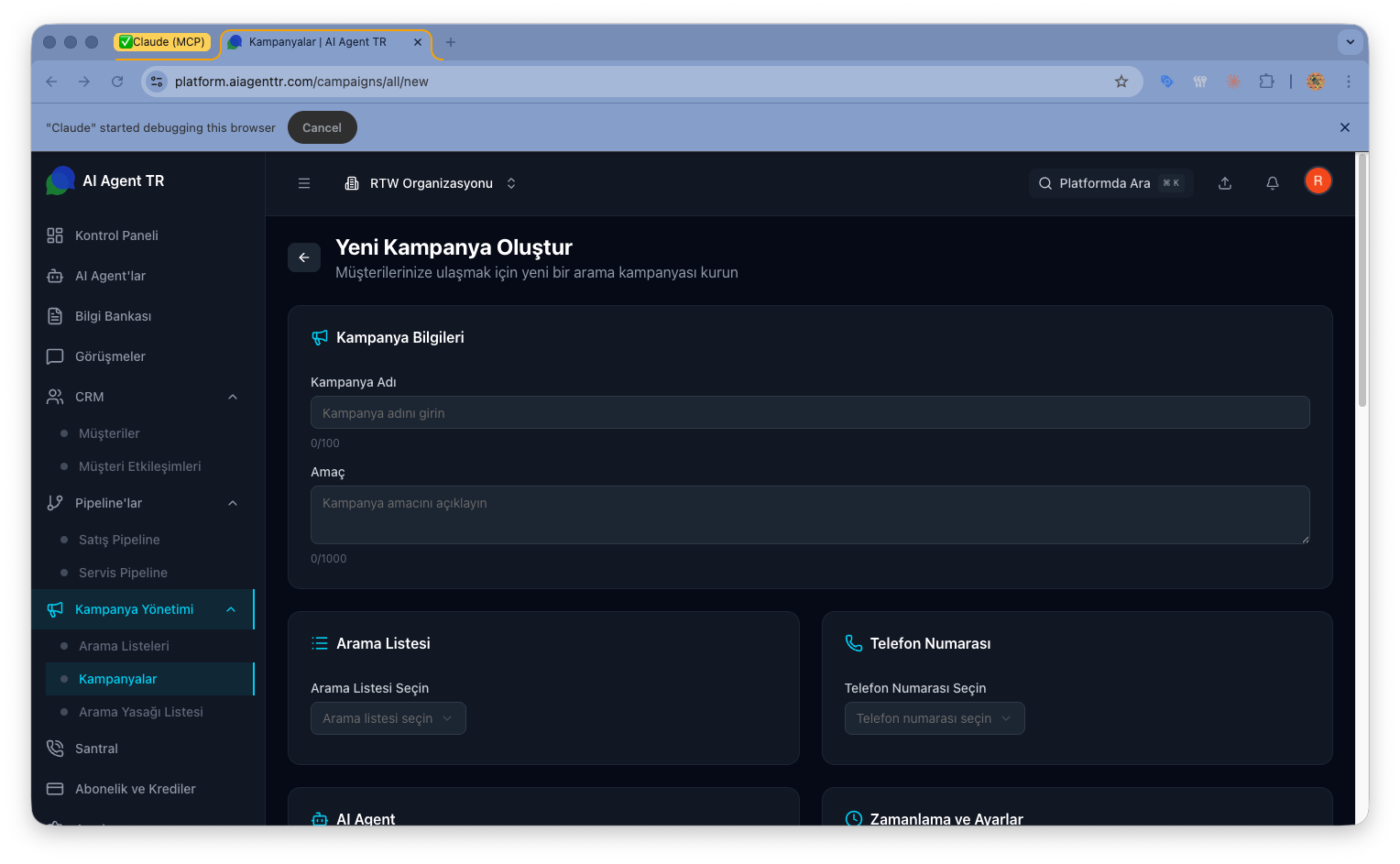 Kampanya oluşturma formu — Kampanya Bilgileri, Arama Listesi ve Telefon Numarası seçimi