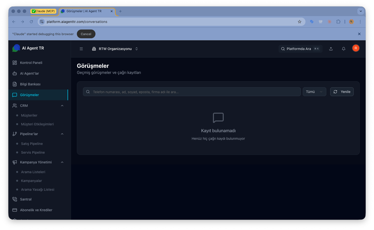 Görüşmeler listesi — çağrı geçmişi, süre ve durum bilgileri