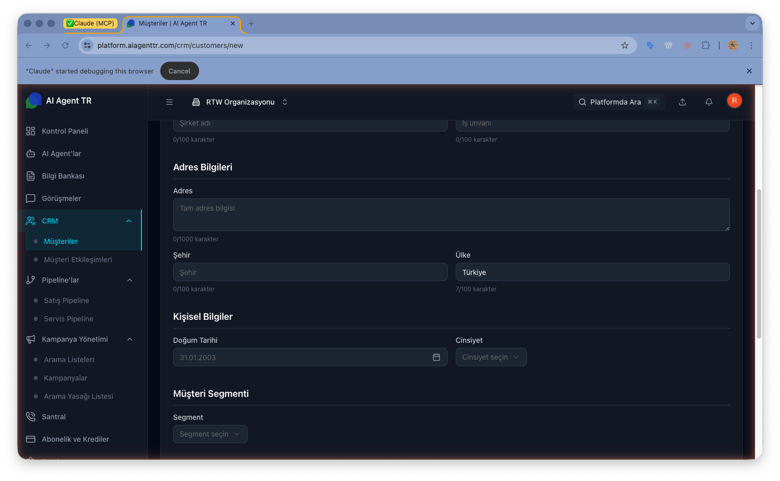 Müşteri oluşturma formu — Adres Bilgileri, Kişisel Bilgiler ve Müşteri Segmenti