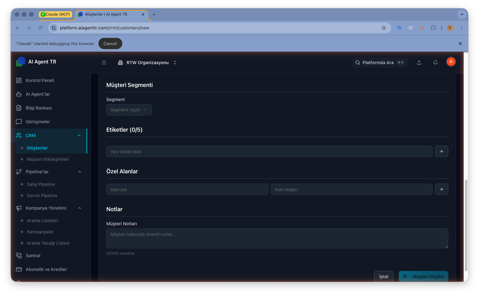 Müşteri oluşturma formu — Etiketler, Özel Alanlar, Notlar ve kaydetme butonları