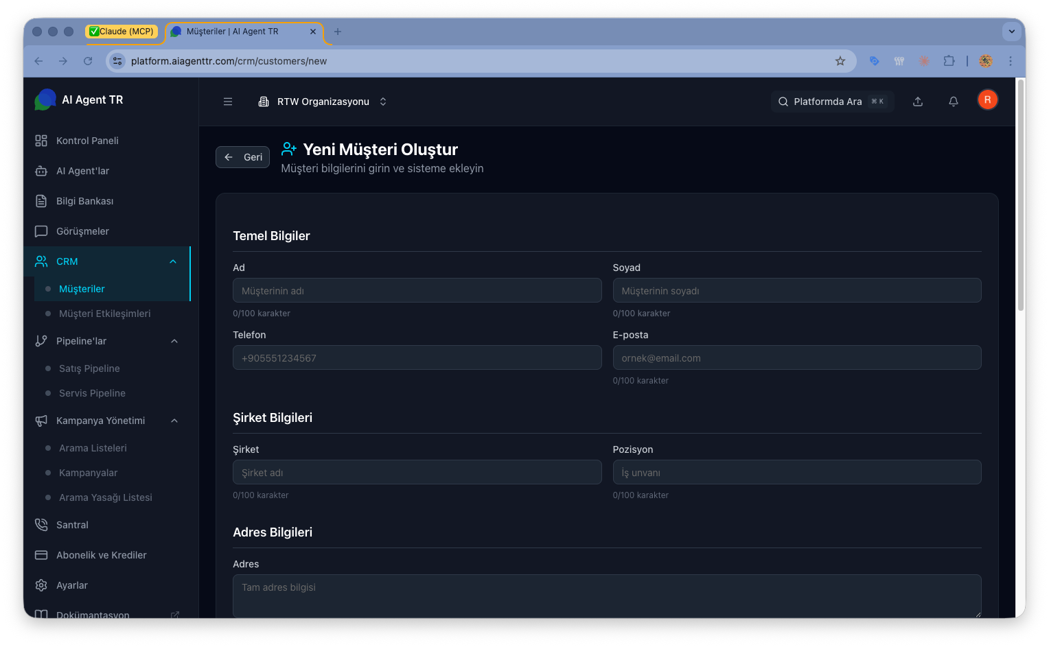 Müşteri oluşturma formu — ad, telefon, e-posta ve temel bilgiler