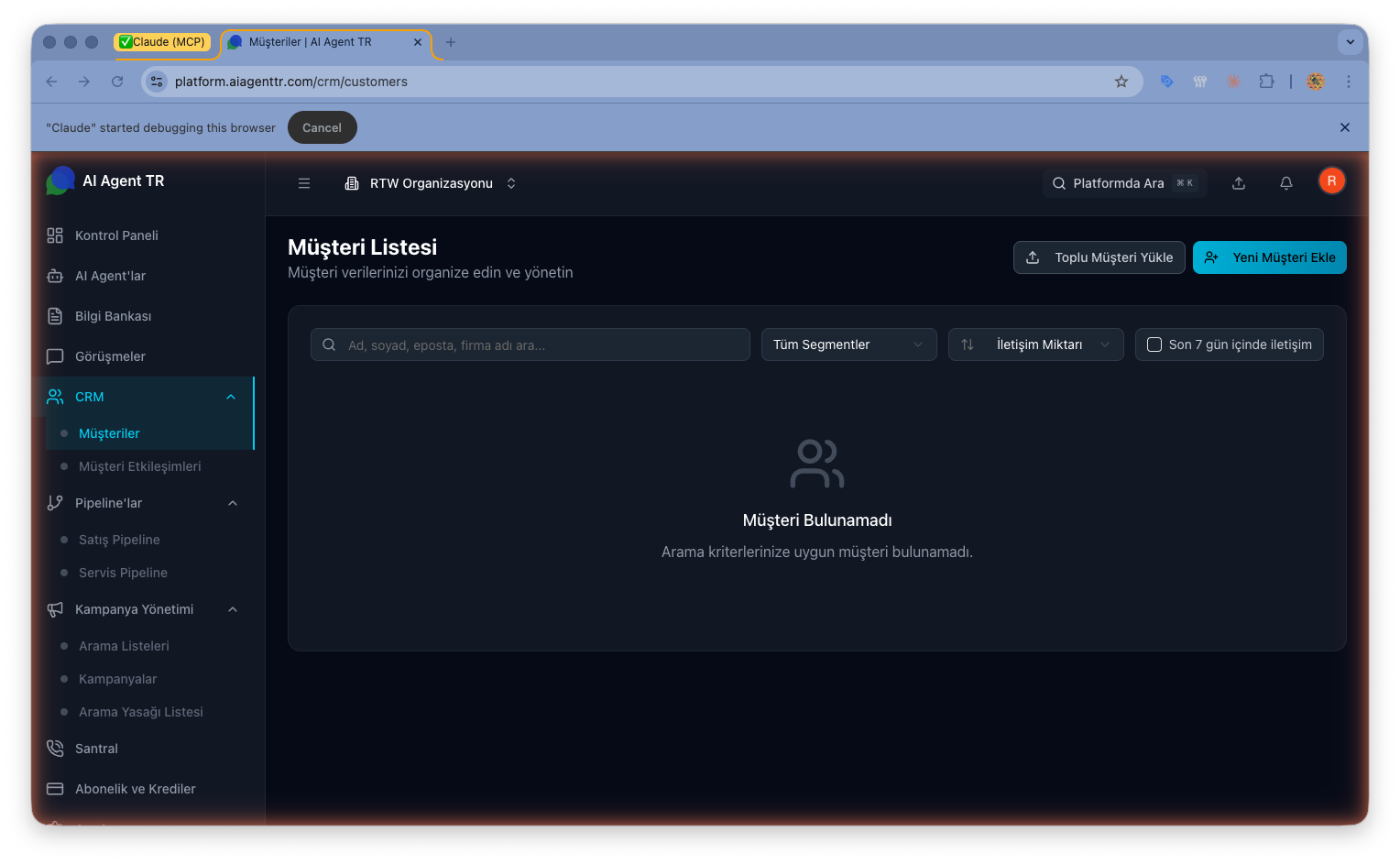 Müşteri arama — global arama çubuğu ve filtreleme seçenekleri