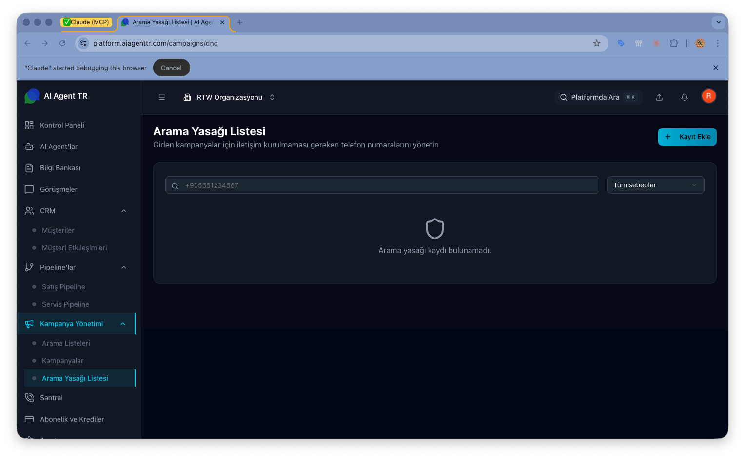 DNC listesi — aranmaması gereken telefon numaraları ve ekleme tarihleri