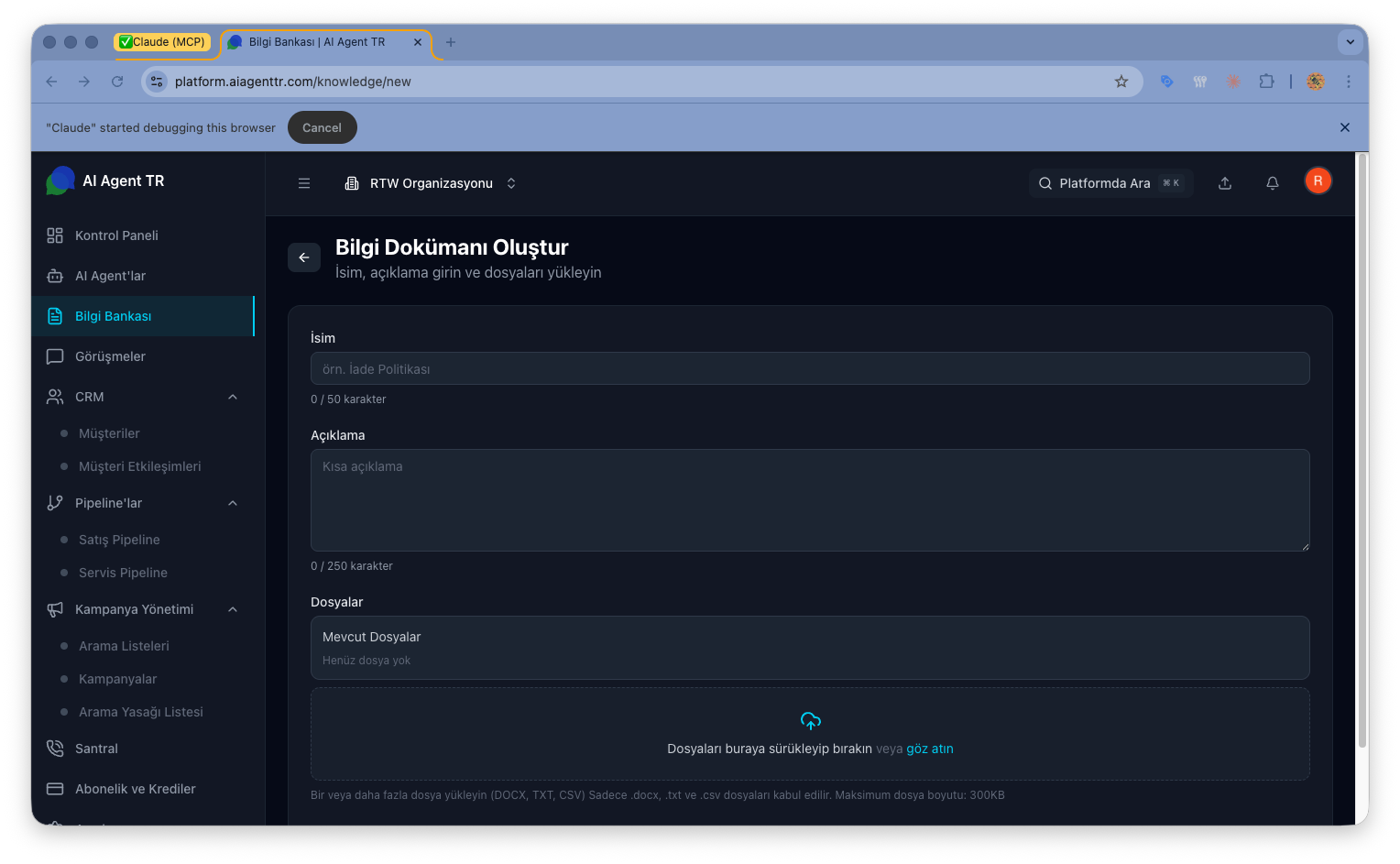 Bilgi bankası oluşturma — ad girişi ve dosya yükleme alanı