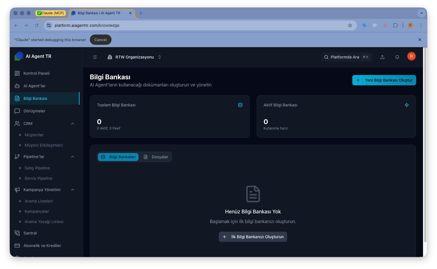 Bilgi bankası listesi — doküman sayısı ve oluşturma tarihi