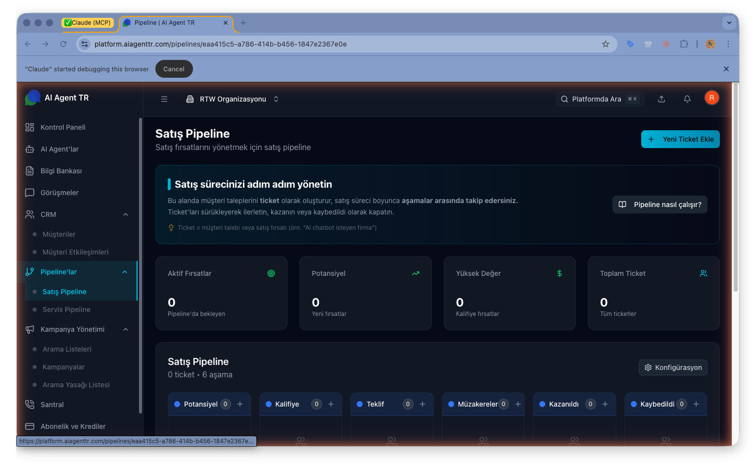 Satış Pipeline kanban — ticket kartları ve aşama sütunları