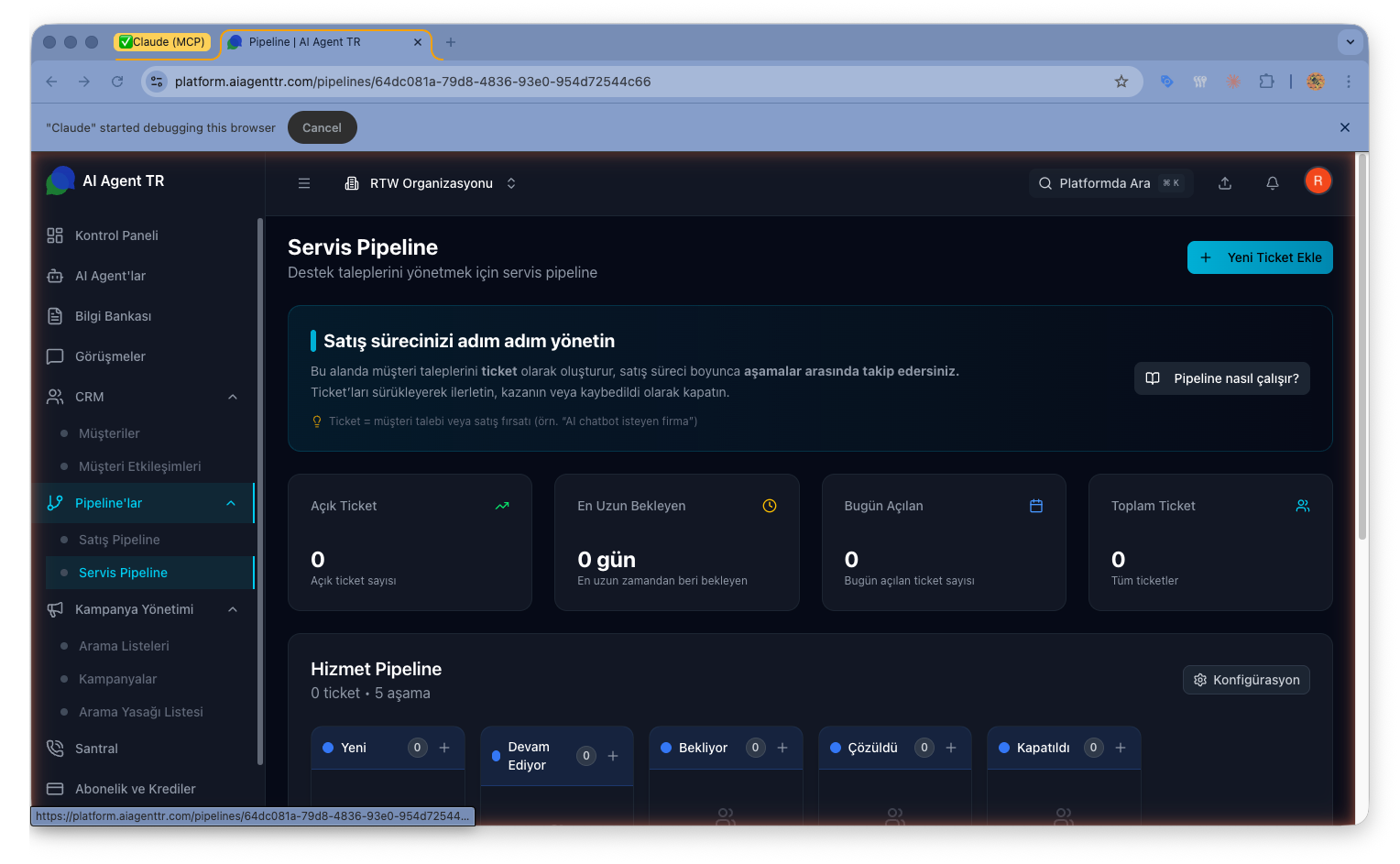 Pipeline servis görünümü — kanban kartları ve aşama sütunları