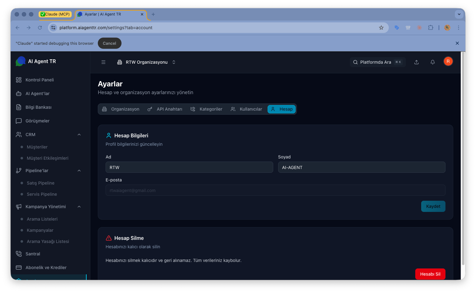 Hesap ayarları — profil bilgileri düzenleme ve hesap silme