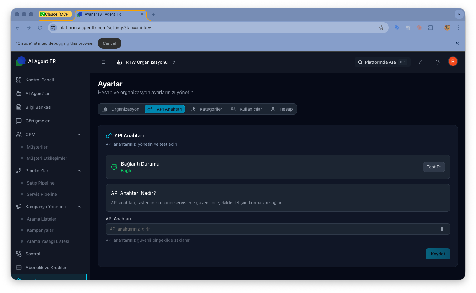 API anahtarı ayarlar sayfası — bağlantı durumu ve test butonu