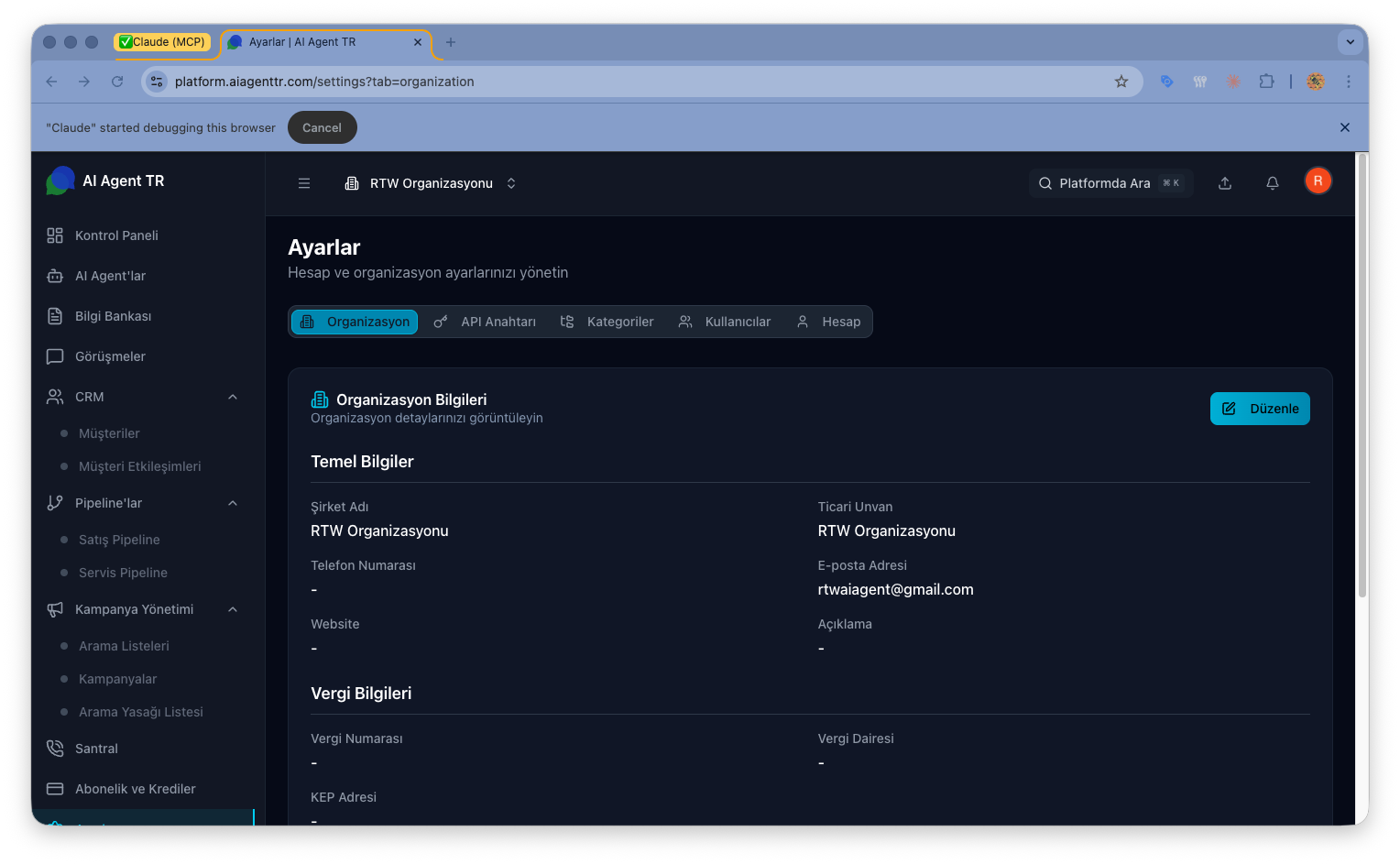 Organizasyon ayarları — şirket bilgileri ve temel yapılandırma