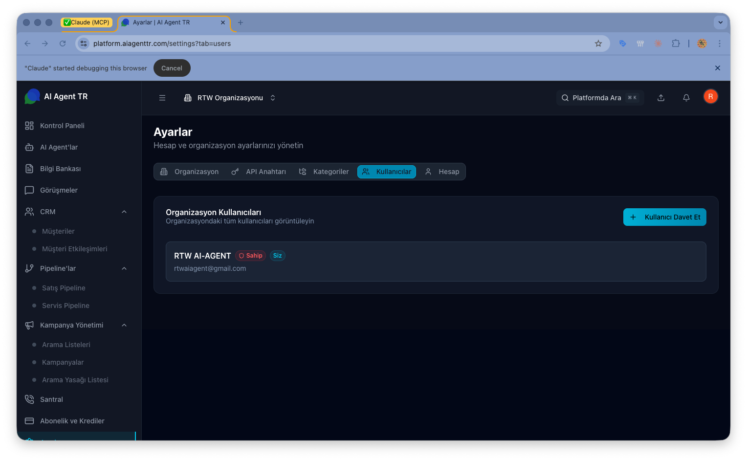 Kullanıcı davet formu — e-posta ve rol seçimi