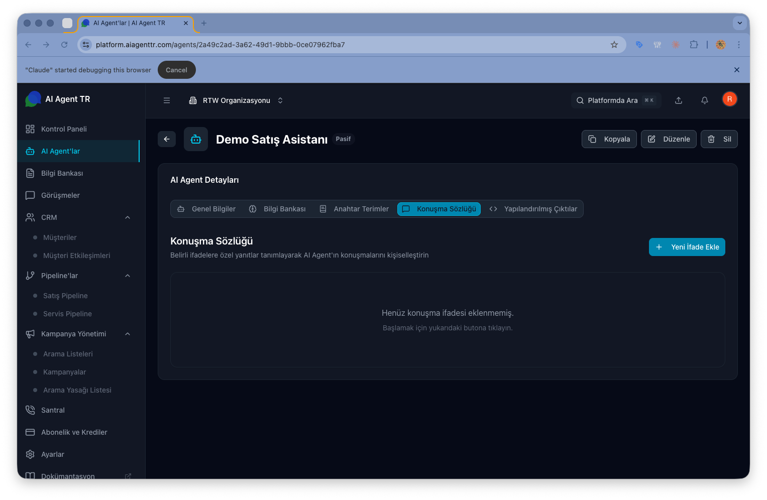 Konuşma Sözlüğü sekmesi — özel ifade ve yanıt tanımlama arayüzü