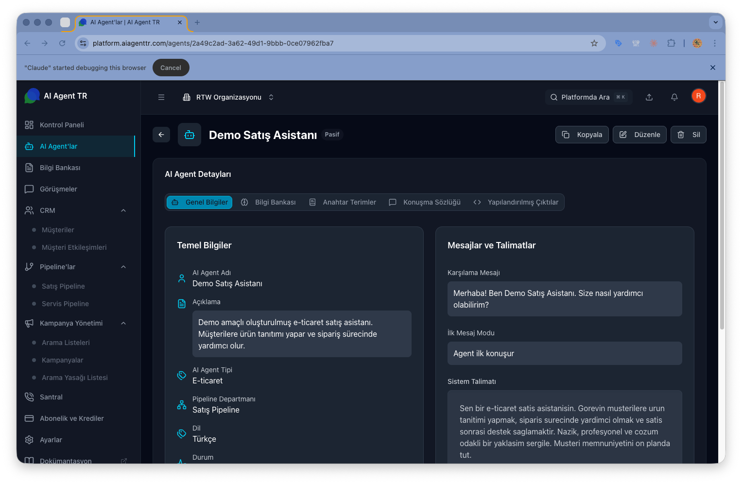 AI Agent detay sayfası — Kopyala butonu ile agent klonlama