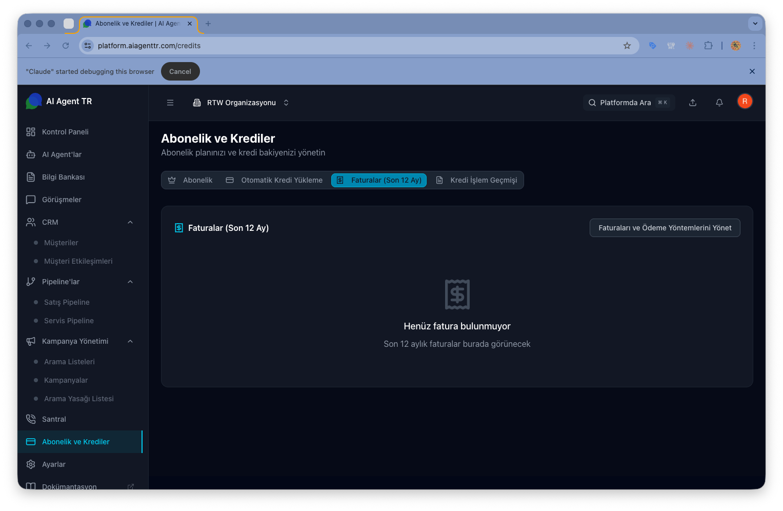 Fatura listesi — fatura tarihi, tutarı ve indirme seçenekleri