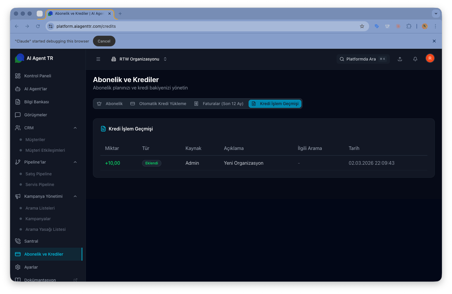 Kredi işlem geçmişi — tarih, miktar ve işlem detayları