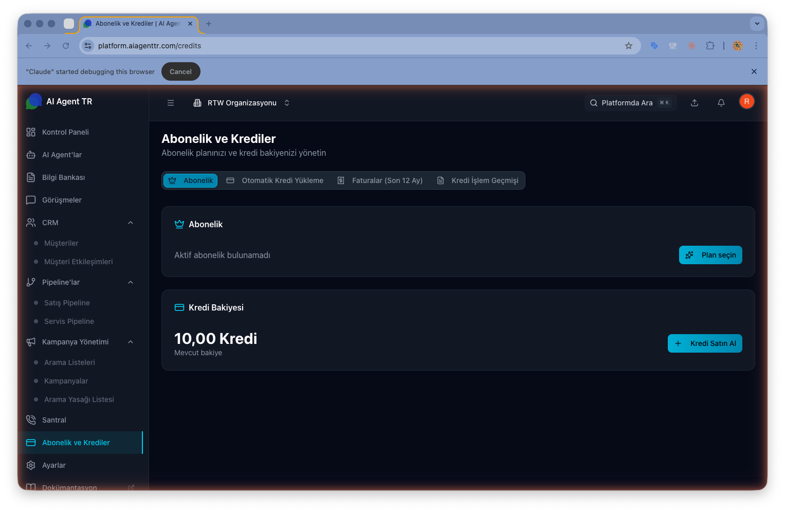 Abonelik sekmeleri — mevcut plan, kullanım detayları ve plan değiştirme seçenekleri