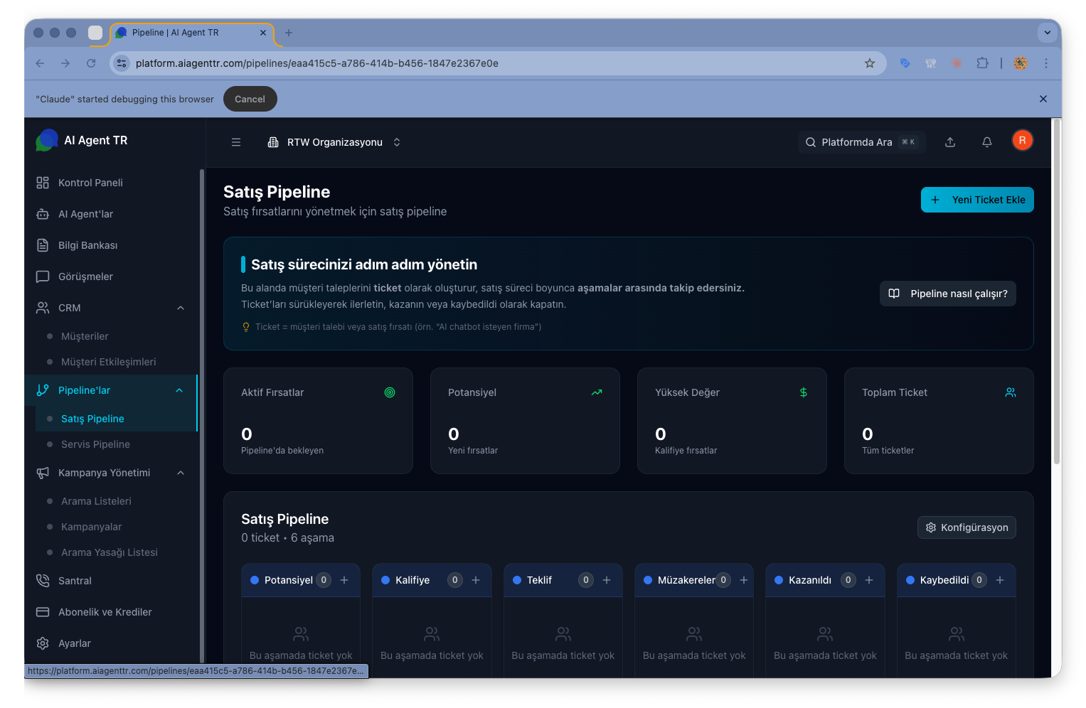 Satış Pipeline metrikleri — Aktif Fırsatlar, Potansiyel, Yüksek Değer, Toplam Ticket