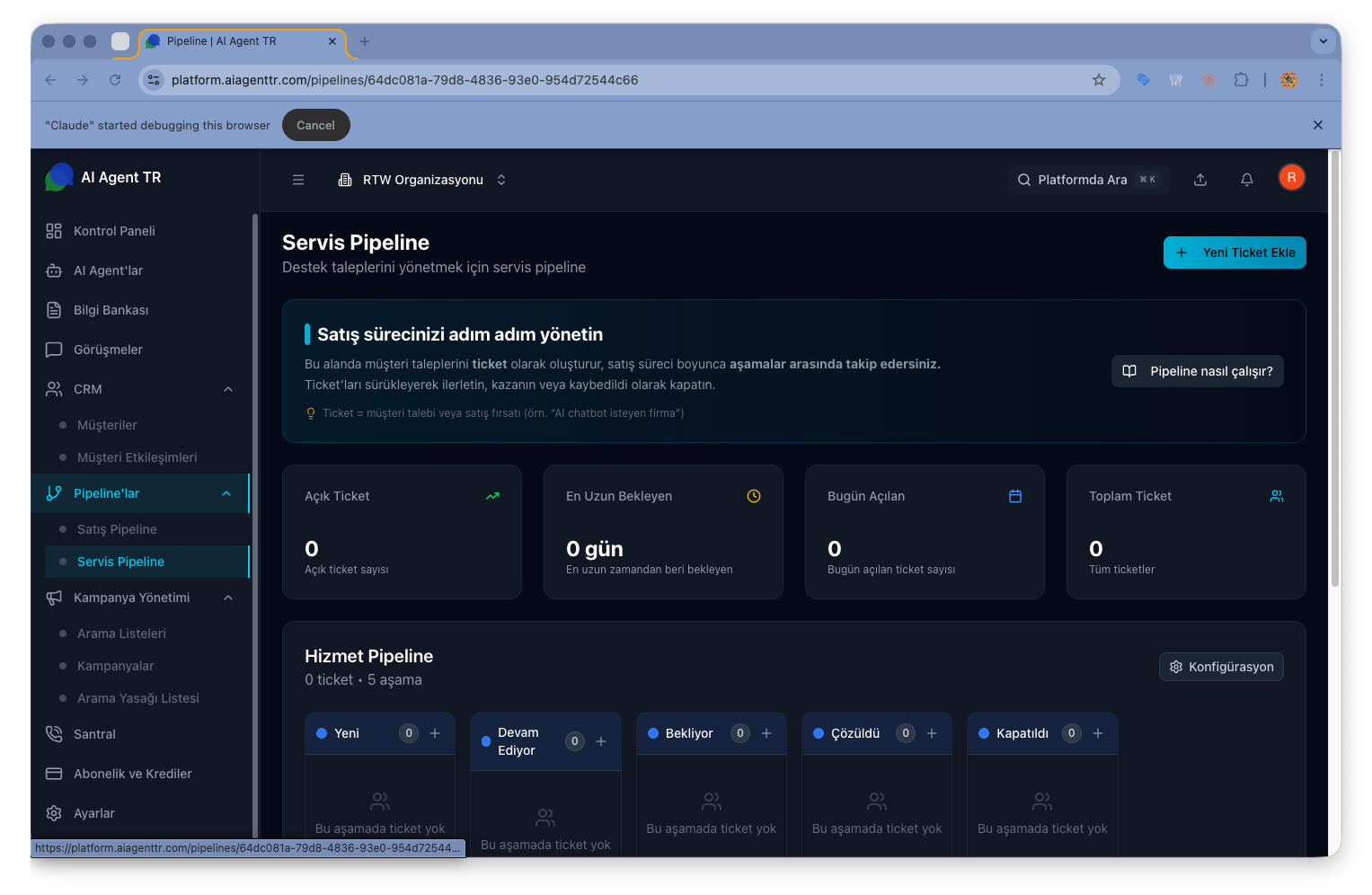 Servis Pipeline metrikleri — Açık Ticket, En Uzun Bekleyen, Bugün Açılan, Toplam Ticket