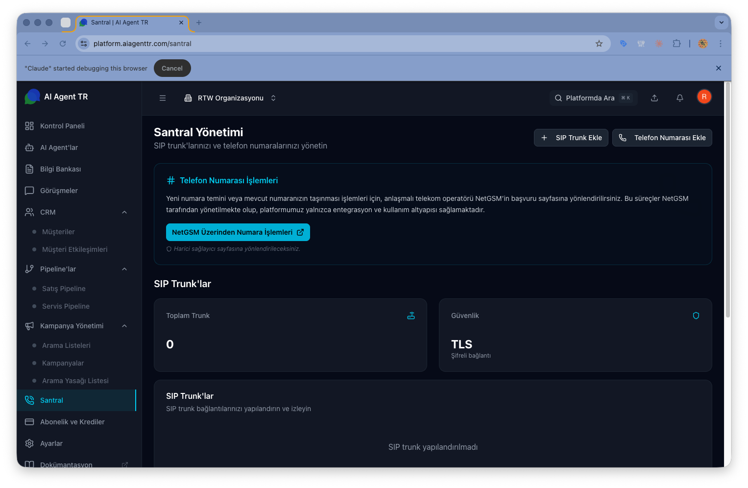 Santral sayfası — NetGSM telefon numarası işlemleri kartı