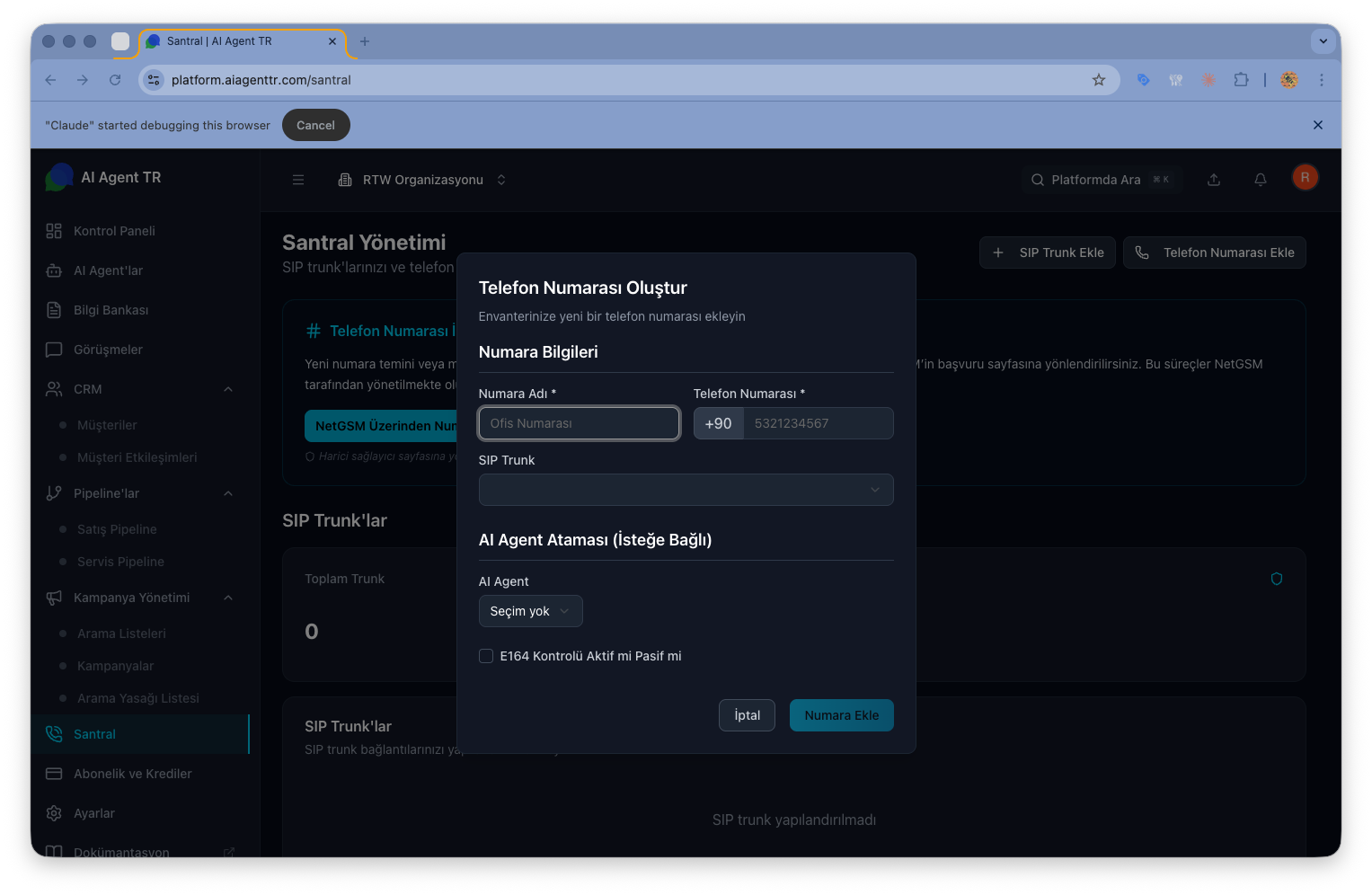 Telefon numarası ekleme diyaloğu — numara girişi ve doğrulama