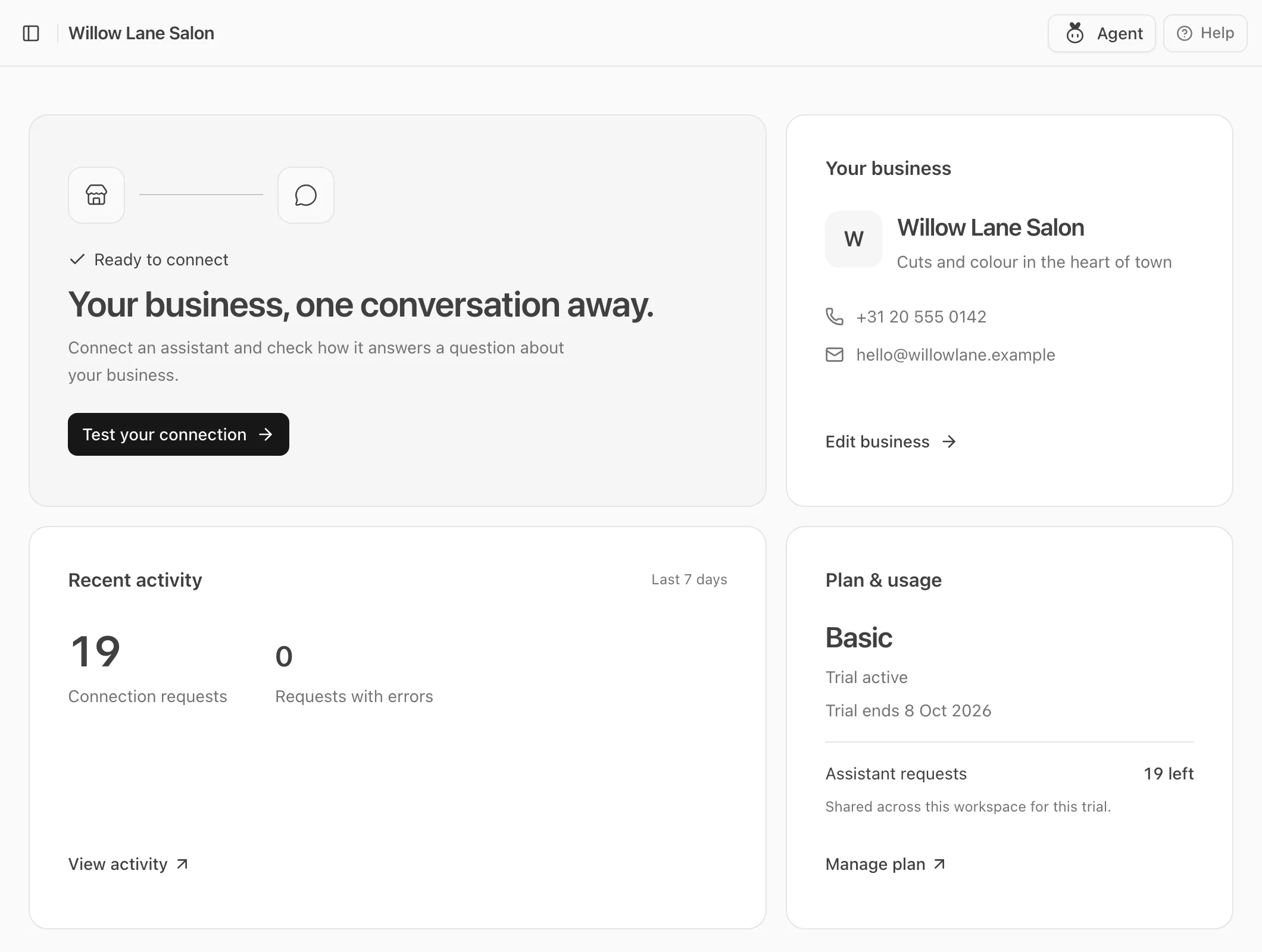 The dashboard card saying Ready to connect: Your business, one conversation away.