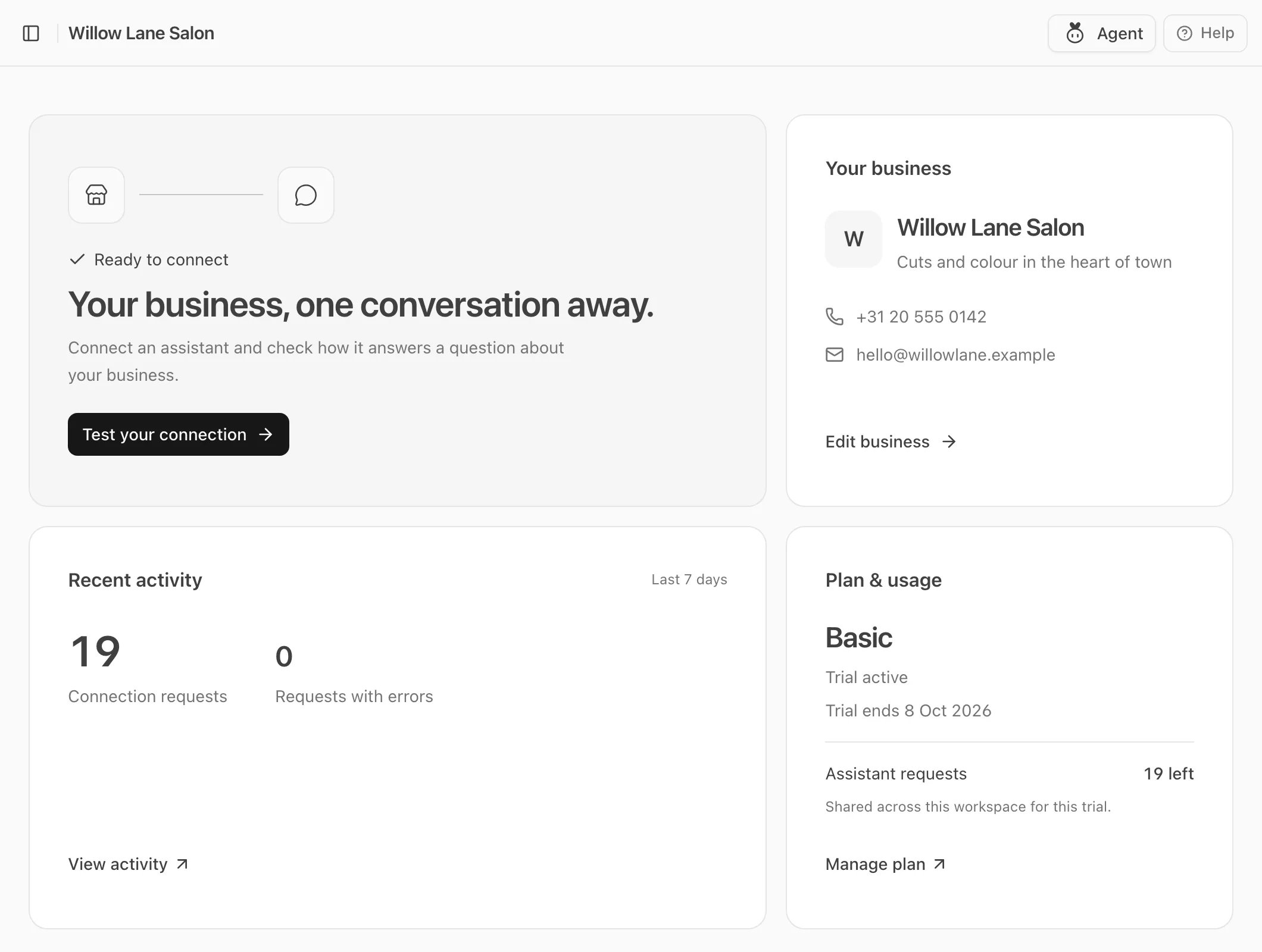 The dashboard card saying Ready to connect: Your business, one conversation away.