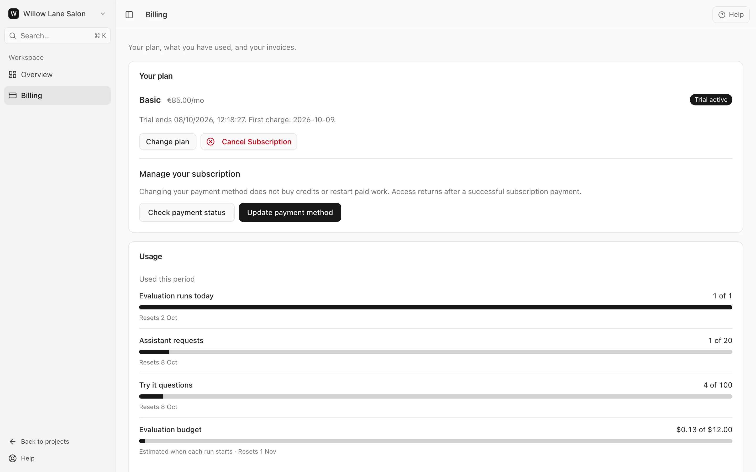 The Billing page: your plan, the trial end date, and your billing information.