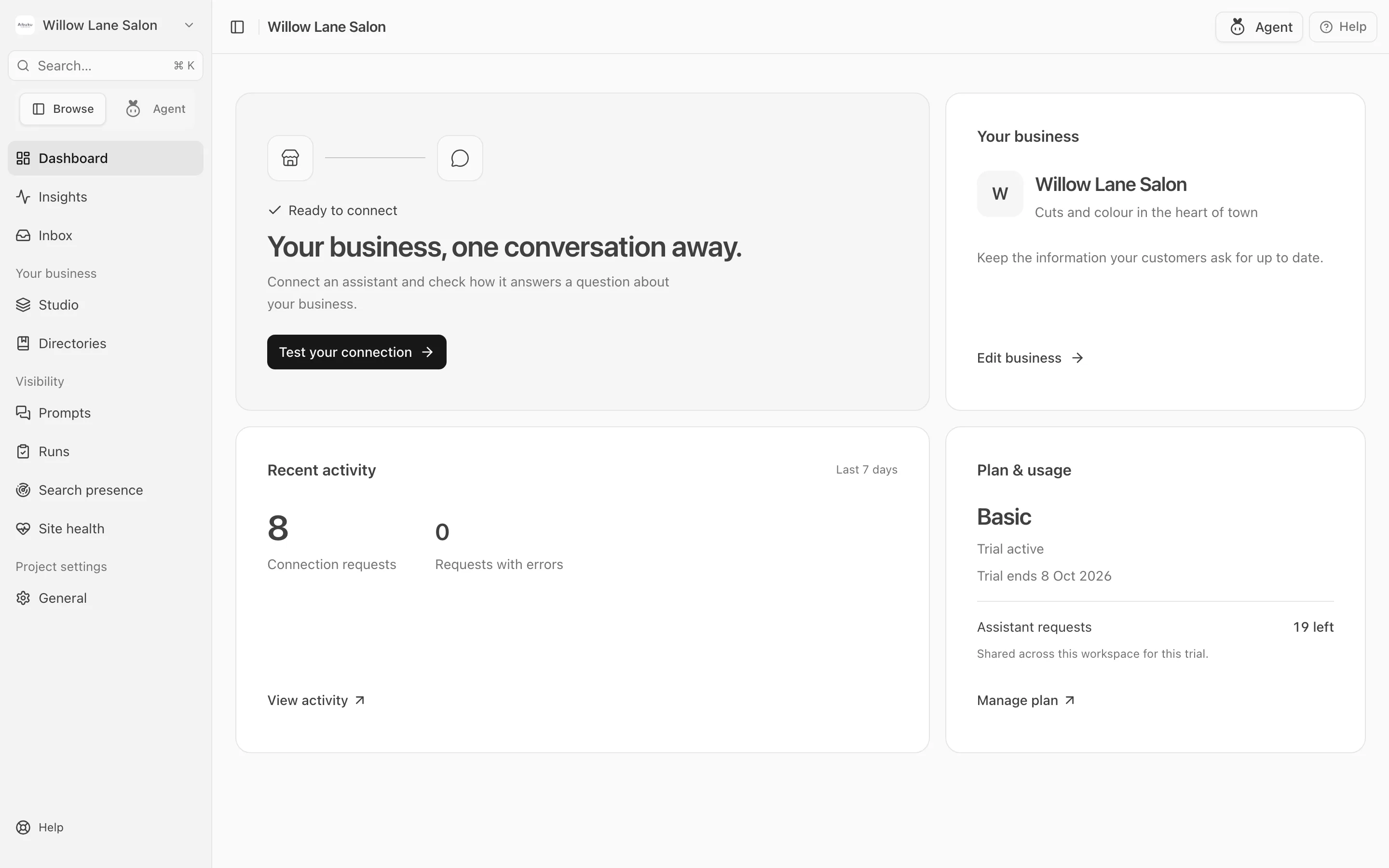 The dashboard: the Ready to connect card, Your business, Recent activity, and Plan & usage.