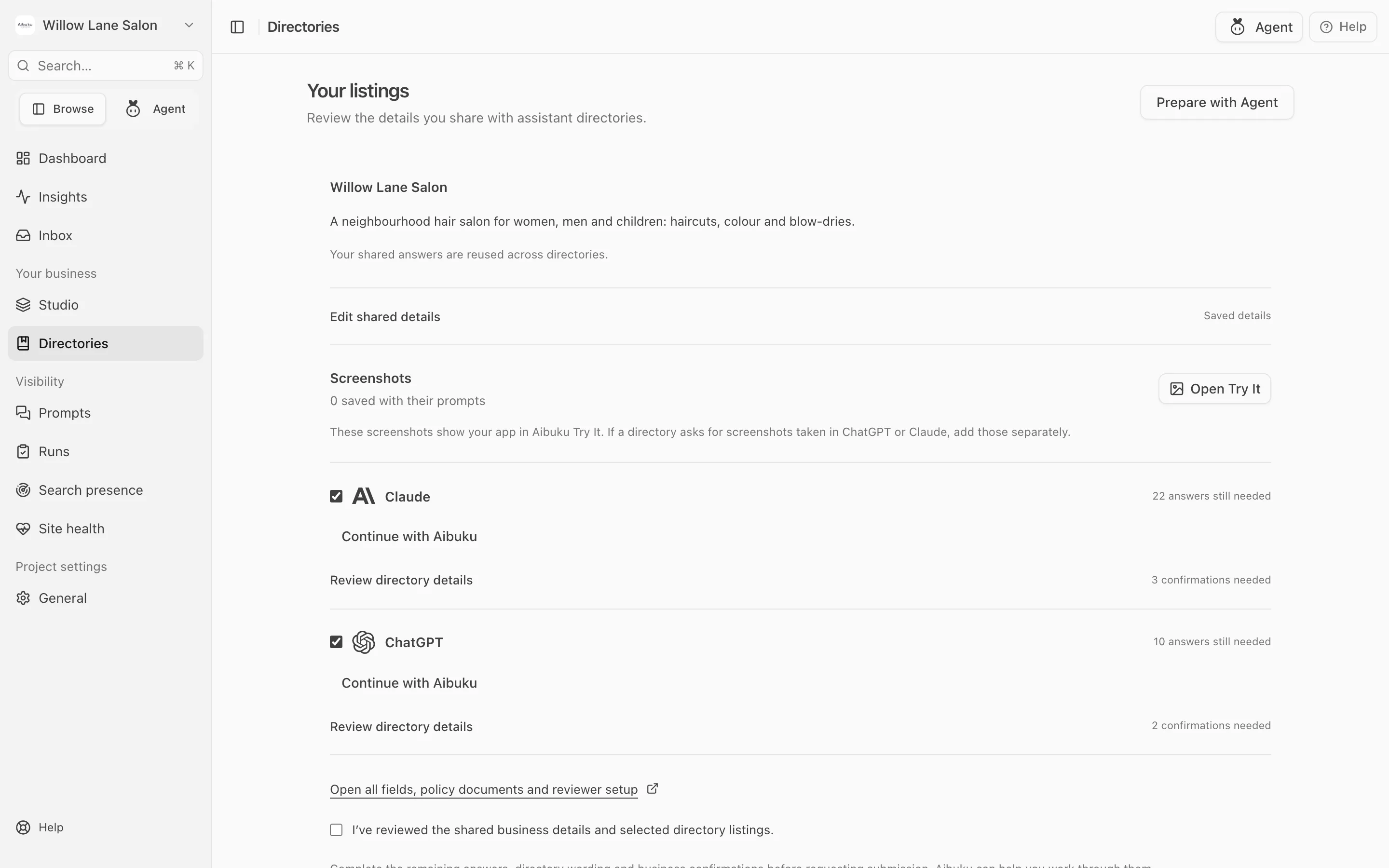 Your listings: the shared business details, screenshots, and a row each for Claude and ChatGPT showing how many answers are still needed.