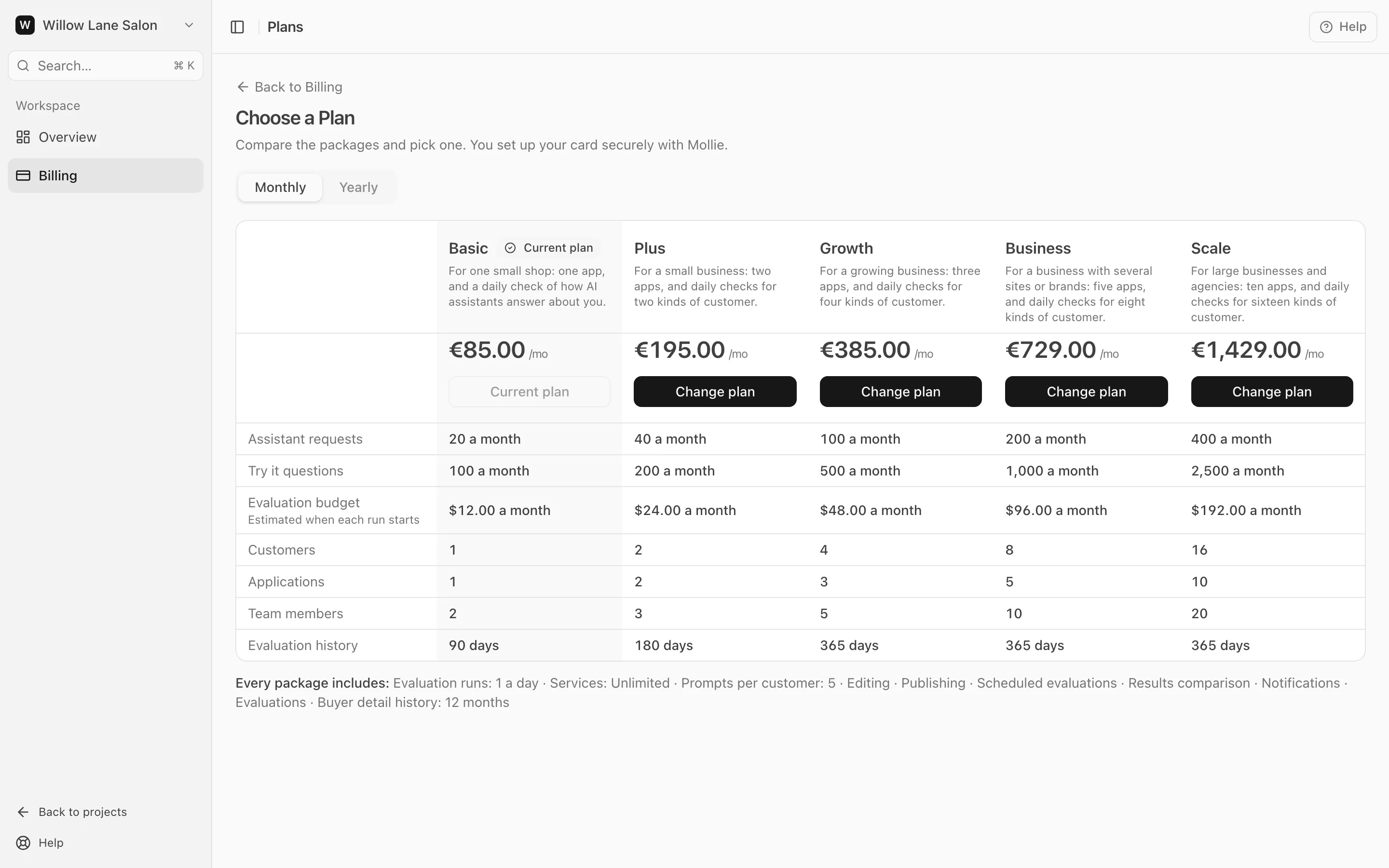 The Choose a Plan page: Monthly and Yearly, five plans side by side, and what each one includes.