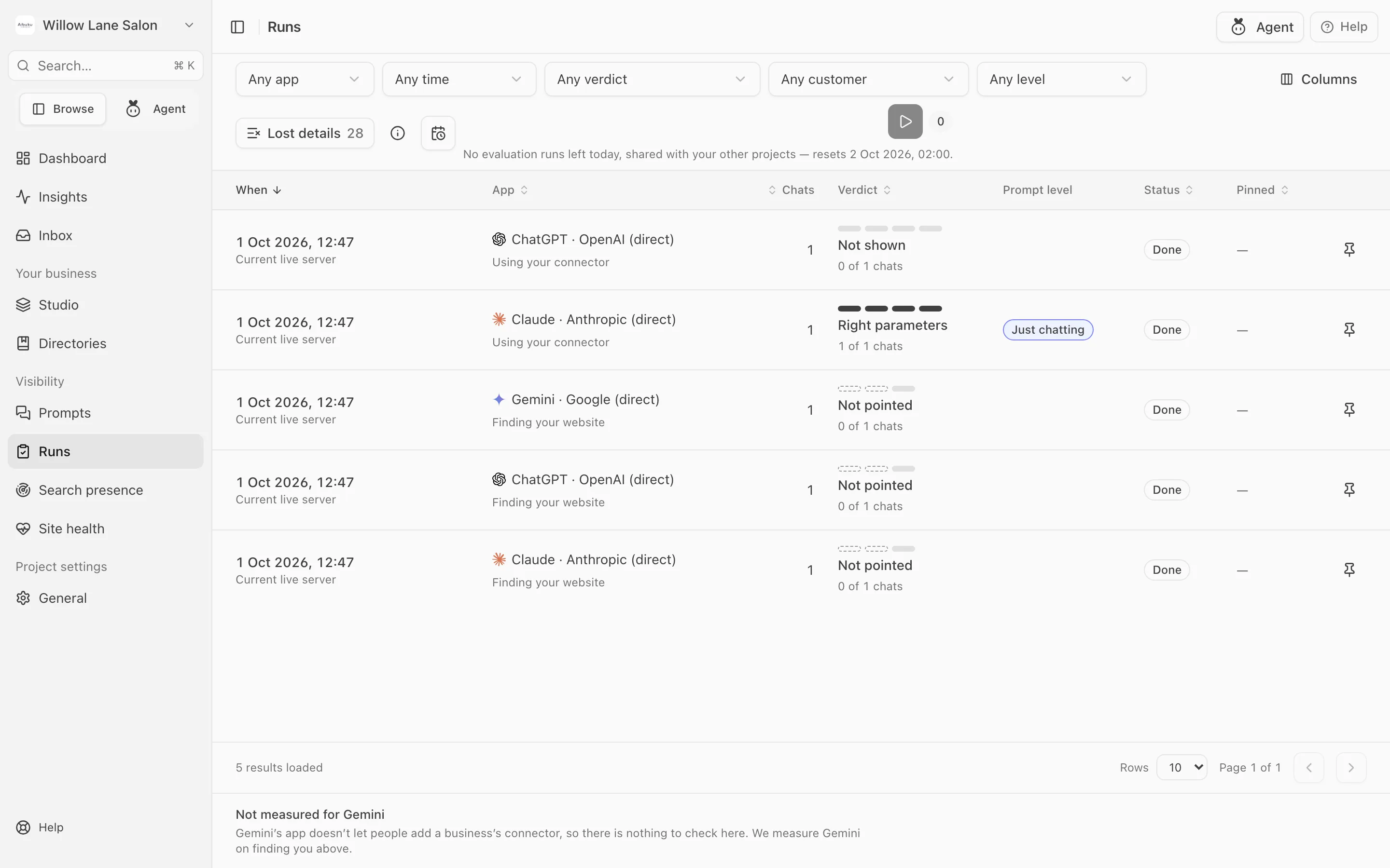 The Runs page: one row per AI app and part of the run, with the verdict, the prompt level and the status.