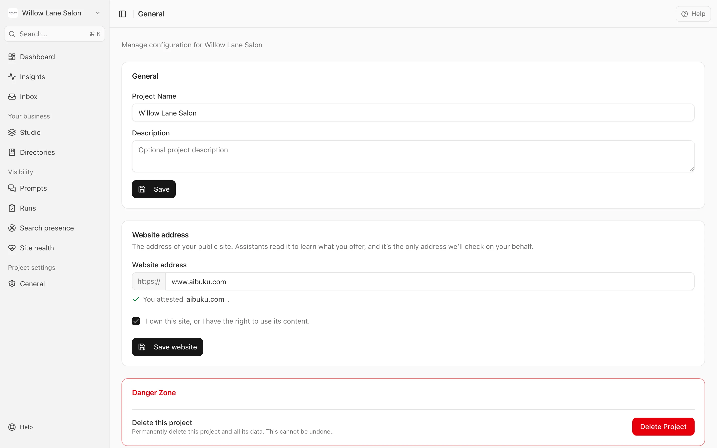 Project settings: the project name, the website address with the box to confirm you own it, and the Danger Zone.