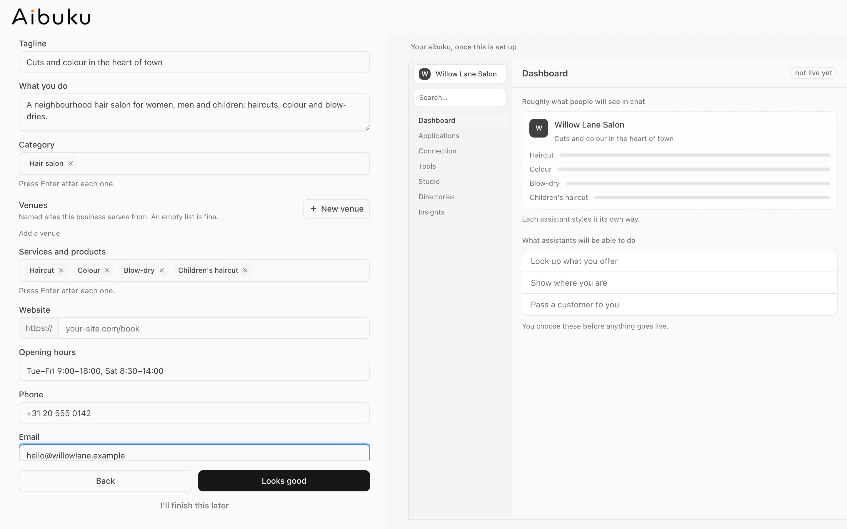 The Tell us about your business form, filled in for an example hair salon. On the right, a preview of how the business will look.