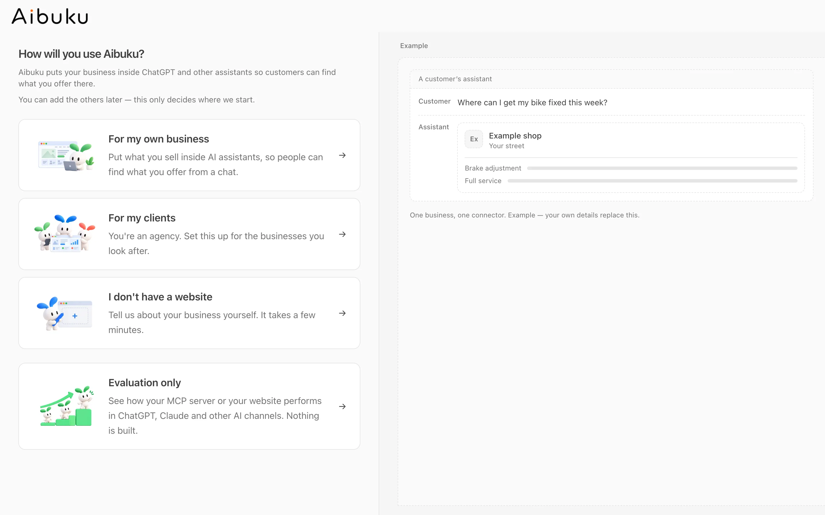 The first setup screen with four choices: For my own business, For my clients, I don't have a website, and Evaluation only.